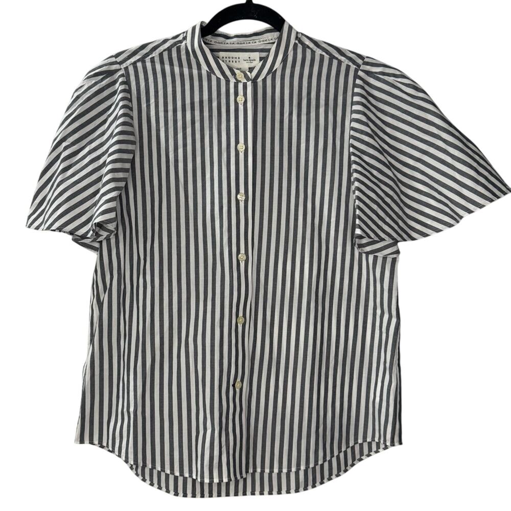 kate spade Black and White Striped Short Sleeve Button-Up Blouse